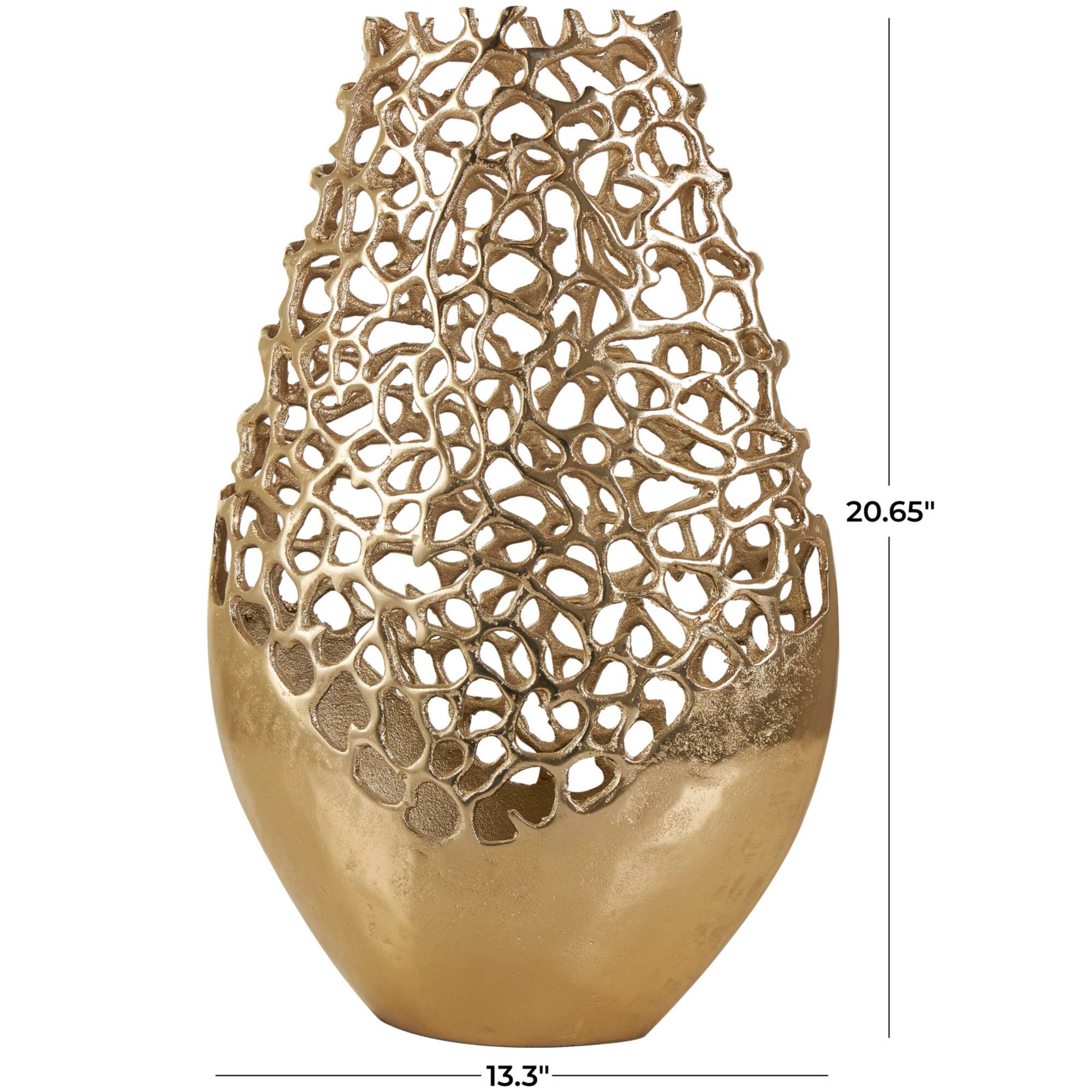 20.75" Gold Aluminum Rounded Vase with Freeform Open Lattice Work